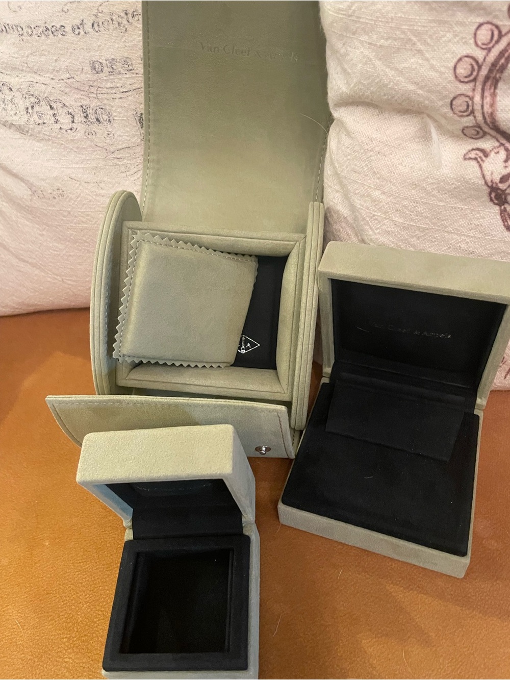 Van Cleef & Arpels Suede Watch and Jewelry Boxes in Sage Green